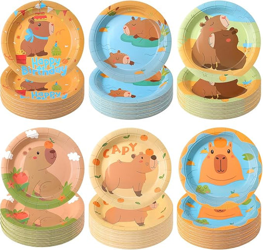 Funnymoom 60 Pcs 7 Inch Capybara Birthday Paper Plates Cartoon Cute Capybara Disposable Dessert Plates Animal Party Decorations for Animal Birthday Baby Shower Summer Pool Party Supplies