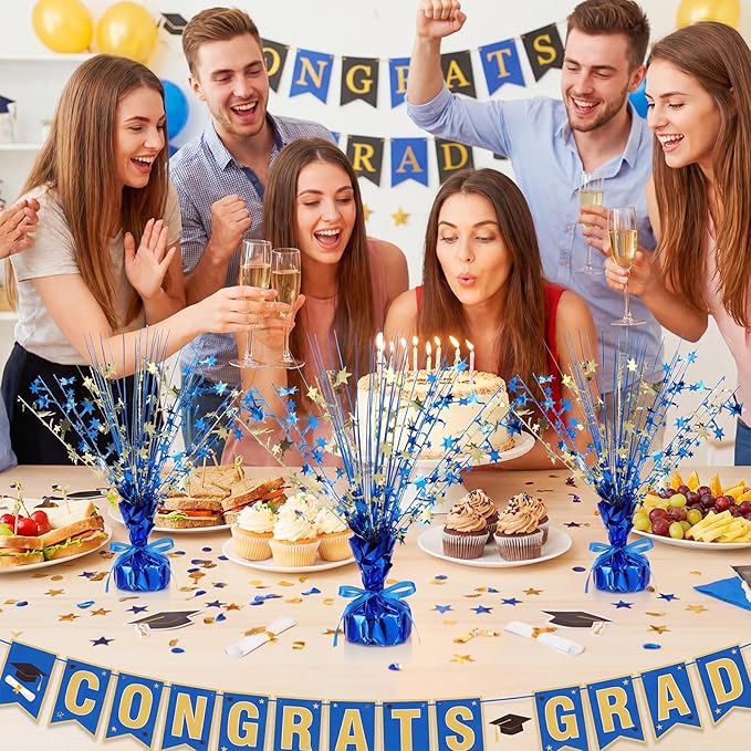 Crowye 3 Pieces Metallic Foil Spray Centerpiece Birthday Table Decoration Star Burst Centerpieces Graduation Table Decor for Birthday 2026 Party Holiday(Blue Gold)