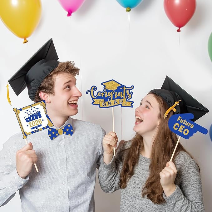 Avezano Graduation Photo Booth Props, 21pcs Graduations Picture Props 2026 for Photoshoot, Grad Photo Props for Photobooth Class of 2026 Party Decorations Set Party Favors Supplies (Blue and Gold)