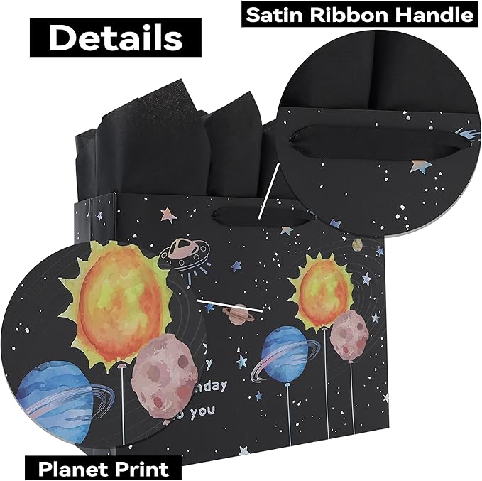 Qirrmiy 13” Large Space Birthday Gift Bag Set with Handles, Greeting Card, Black Tissue Papers and Stickers for Boys Teens for Baby Child, Kids‘ Birthday Party, Newborn, 1 Pcs