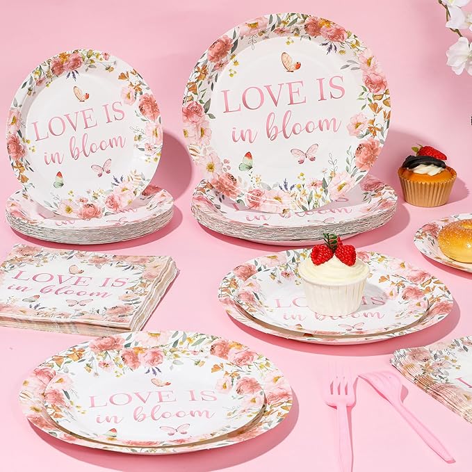 96 pcs Love Is In Bloom Bridal Shower Plates Napkins Sets Pink Floral Bridal Shower Party Supplies Love In Bloom Tableware Party Decoration for Engagement Wedding Decor Serves 24 Guests