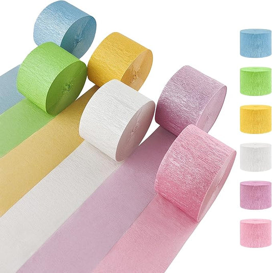 Metallic Pastel Crepe Paper Streamers 6 Rolls, 2.2" x 123 Ft Birthday Streamers Party Decorations for Baby Shower Bachelorette Bridal Shower Graduation Wedding Engagement Anniversary