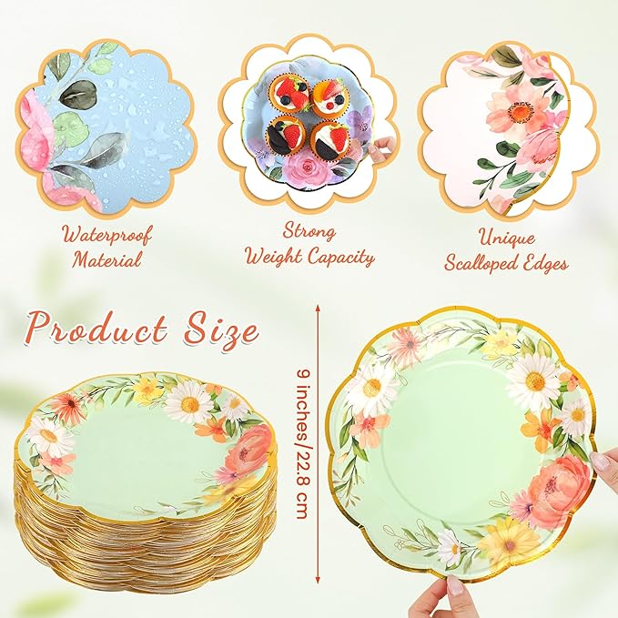 Kochorie 72 Pieces Floral Paper Plates, 9 Inch Floral Tea Party Disposable Plates, Wildflower Scalloped Dessert Plate for Birthday Baby Shower Wedding Garden Afternoon Decorations, 6 Styles