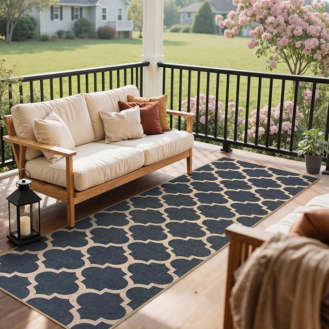 Lahome Moroccan Easy Jute Runner Rug, Blue Outdoor Washable Runner Rugs for Porch Hallway, Geometric Trellis Woven Long Carpet for Doorway, Thin Non Slip Outdoor Decor, 2'6'' x 8'