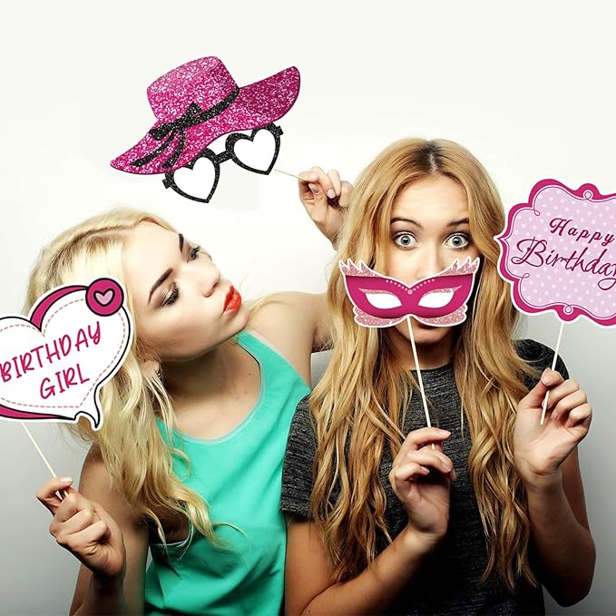 30 Pcs Pink Girls Birthday Photo Booth Props Kit - Hot Pink Princess Birthday Party Decoration Set with Real Glitter Cute Designs for Her, Funny Selfie Photo Booth Props for Kids Girls Any Bday Party