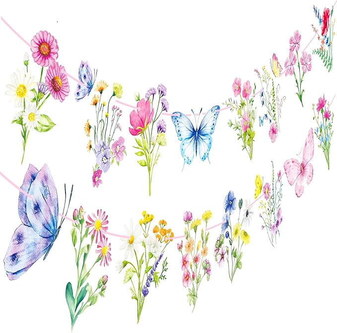 Wildflower Party Banners 2PCS Wildflower Birthday Party Supplies Spring Floral Party Decorations Wildflowers Themed Cutout Banner for Girl Women Garden Themed Decor