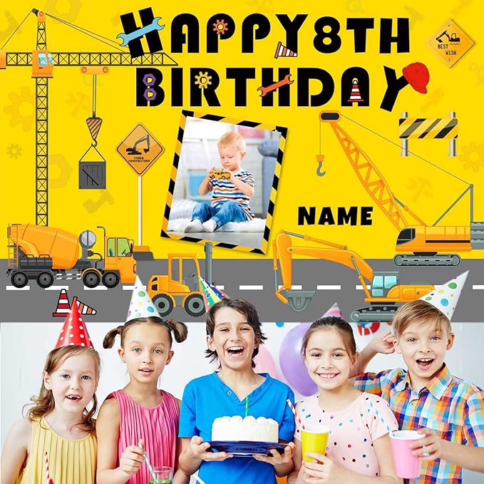 Custom Construction Happy Birthday Party Decorations Supplies Personalized Excavator Crane Dump Truck Digger Birthday Backdrop Banner(6x9ft)