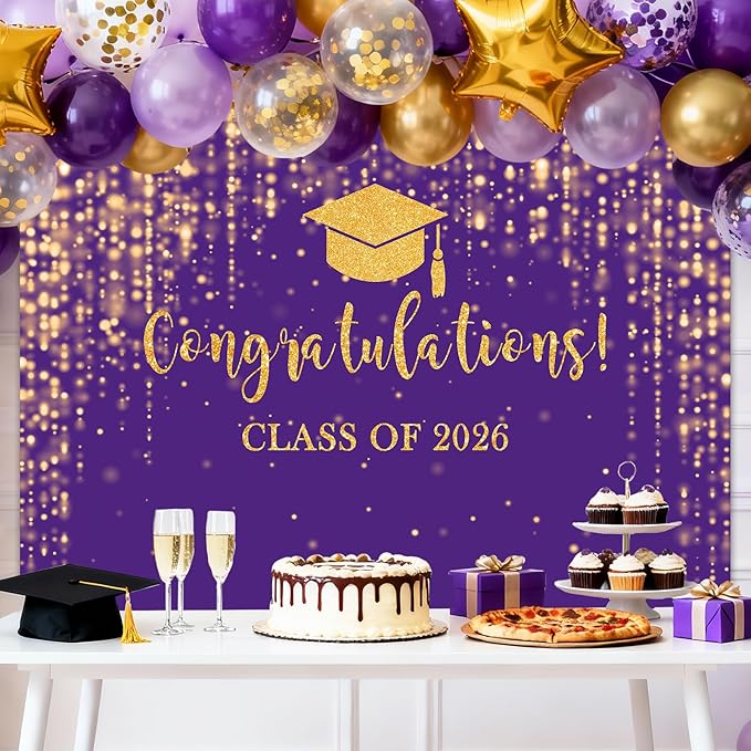 Mocsicka Class of 2026 Backdrop Purple Gold Glitter Bokeh Graduation Party Background 2026 Congrats Grad Prom Party Cake Table Decoration Photo Booth Props (10x7ft)