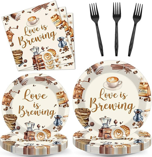96Pcs Love Is Brewing Party Decorations Bridal Shower Tableware Coffee Theme Plates Napkins Forks Love is Brewing Coffee Dinnerware Party Supplies for Engagement Bachelorette Party Serves 24 Guests