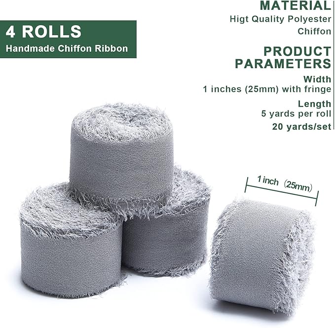 4 Rolls Grey Handmade Fringe Chiffon Silk Ribbon 1" W x 5Yd Per Roll,Frayed Edges Ribbon Set for Gifts Wrapping,Wedding Invitations,Bouquets,DIY Crafts (1" x20Yd, Grey)