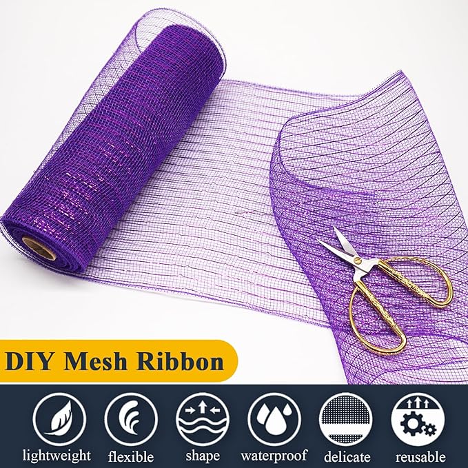2 Pcs Purple Deco Mesh Ribbon Rolls 10 Inch 10 Yards(30 ft) Decorative Mesh Fabric with Foil for Wreaths Christmas Tree Ribbon Door DIY Craft Halloween Decor Wedding Party Supplies (Purple, 2Pcs)