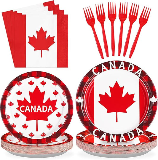 Grencian 96Pcs Canadian Flag Party Supplies Canada Day Party Plates and Napkins Red White Maple Leaves Tableware Sets Canada Birthay Decorations Favors for Anniversary Family Gathering Serves 24