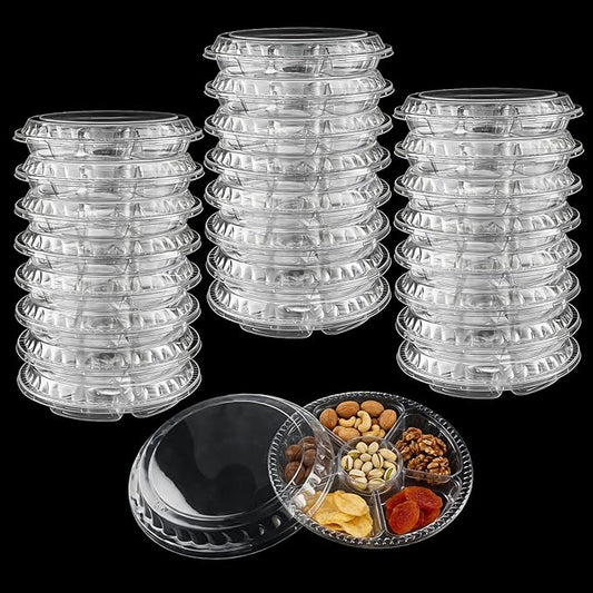 30 Pack Plastic Veggie Tray for Serving for Party, 10.4inch 6 Divided Compartment Disposable Party Platters for Vegetable Fruit Snack Nut, Fruit Trays with Lid for Buffet Catering