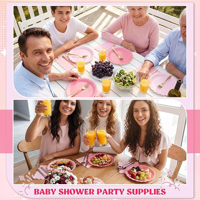 120 Pcs Paper Plates and Napkins Party Supplies Bulk Disposable 7 Inch Scalloped Plates Cocktail Napkins for Wedding Bridal Baby Shower Birthday Decorations, Serve 60(Pink Series)