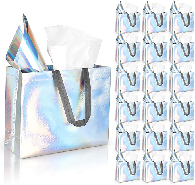 GouZaak 30 Pack Iridescent Gift Bags, Holographic Reusable Gift Bags With Dark Handles And 2 Style Tissue Paper, 13 x 5 x 11 Inch Large Size, Iridescent Party Favor For Wedding Birthday Holiday