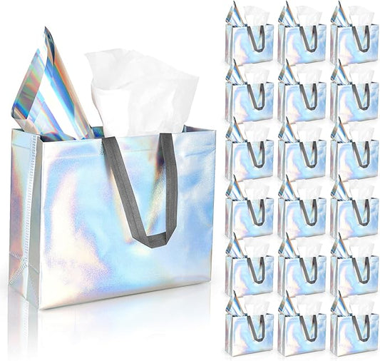 GouZaak 30 Pack Iridescent Gift Bags, Holographic Reusable Gift Bags With Dark Handles And 2 Style Tissue Paper, 13 x 5 x 11 Inch Large Size, Iridescent Party Favor For Wedding Birthday Holiday