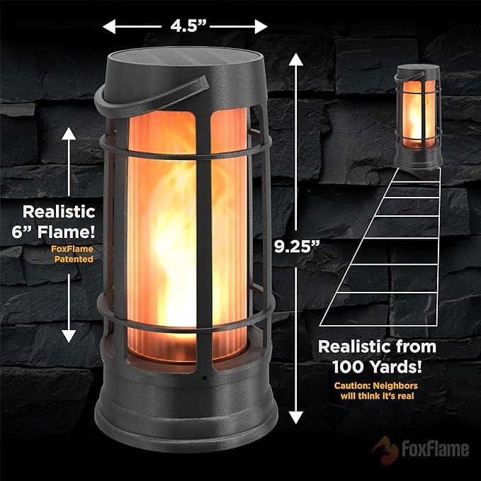 FoxFlame Upgraded Metal Outdoor Solar Lantern, Flickering Solar Lanterns Outdoor Waterproof with Patented LED, Outdoor Lanterns for Porch, Patio, Garden, Tabletop, Hanging Use, Matte Black (1 Pack)