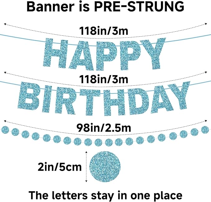 Happy Birthday Banner Pre-Strung Birthday Party Decorations NO DIY Glitter Happy Birthday Sign Circle Dots Garland Birthday Hanging Decorations for Women Men Birthday Party Supplies (Blue)