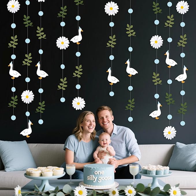 Blue Silly Goose 3D Daisy Flower Leaf Polka Dot Hanging Streamer Garland Banner for One Silly Goose Theme Birthday Wedding Baby Shower Bridal Shower Spring Summer Theme Party Decorations Supplies