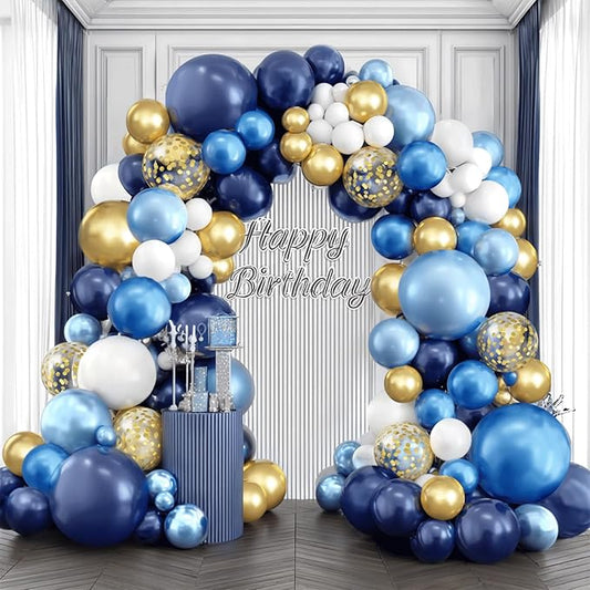 Navy Blue and Gold Balloons Arch Kit, Blue and White Balloon Arch Kit with Metallic Dark Light Blue Gold Conftti Balloons Garland for Graduation Birthday Party DIY Decoration