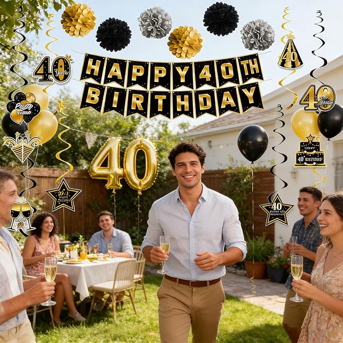 40th Birthday Decorations, Pre-Strung Happy Birthday Banner with Balloons, Backdrop, Honeycomb Centerpieces, Hanging Swirl Streamers, Black Gold Happy Birthday Party Decorations for Men Women