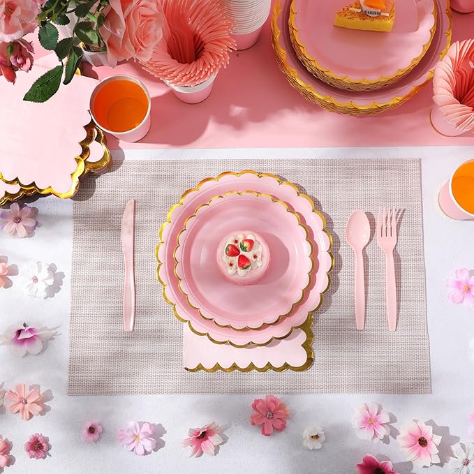Ziliny 350 Pcs Light Pink Plates and Napkins Party Supplies for Guests Woodland Baby Shower Tableware Include Scalloped Plates Paper Napkin Cup Spoon Fork Knife for Wedding, Birthday