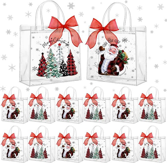 Motipuns 24 Pcs Clear PVC Gift Bags with Handles and Ribbon Party Favor Reusable Plastic Goodie Candy Treat Bags for Birthday Party Supplies(Tree)