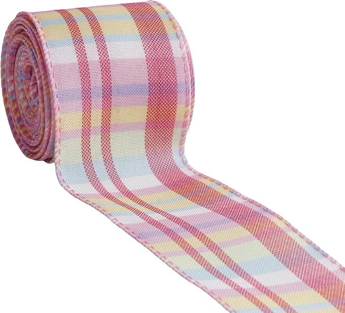 Meseey 2.5 Inch x 10 Yards Pastel Plaid Wired Ribbon, Buffalo Check Wired Edge Ribbon for Easter Wreaths, Gift Wrapping, Easter Baskets, Crafts, Spring Party Decorations