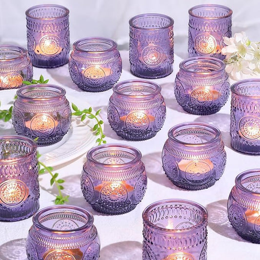 30pcs Assorted Purple Votive Candle Holders for Wedding Decorations, Boho Glass TeaLight Candle Holder, Wedding Table Centerpieces, Bridal Shower Decorations, Retro Purple Party Decor, Party Favors