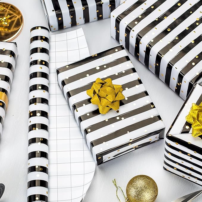 MAYPLUSS Stripe Wrapping Paper, Black and White Striped Wrapping Paper, Chic Black & White Stripes with Gold Speckles Birthday Gift Wrap for Father's Day, Graduations, Christmas (17 Inch X 33 Feet)