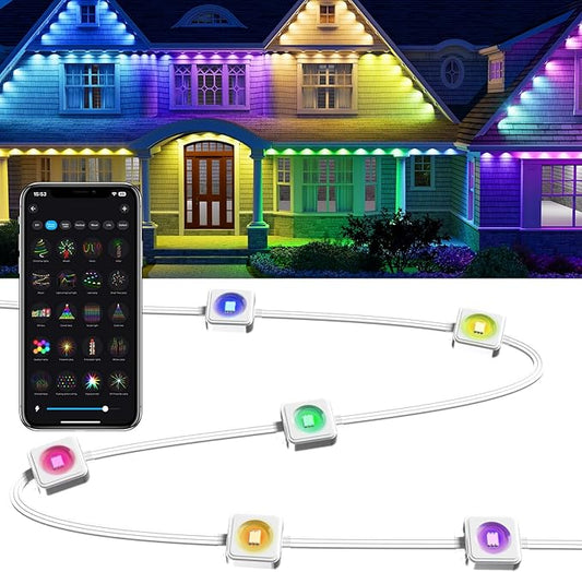 Permanent Outdoor RGB LED String Lights 50ft, Smart Outdoor Lights with App/Remote, IP67 Waterproof, Music Sync, Voice Control, DIY Modes for Balcony, Patio, Fence & Small Yard