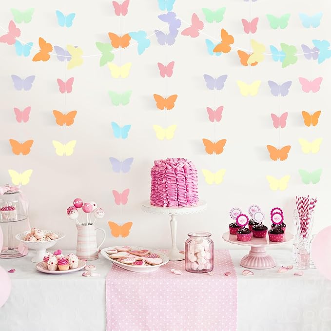 40 Feet Pastel Birthday Decorations Banner Butterfly Streamers Garland Paper Banner Hanging Party Supplies, Hanging Butterfly Wedding Pastel Baby Shower Decorations
