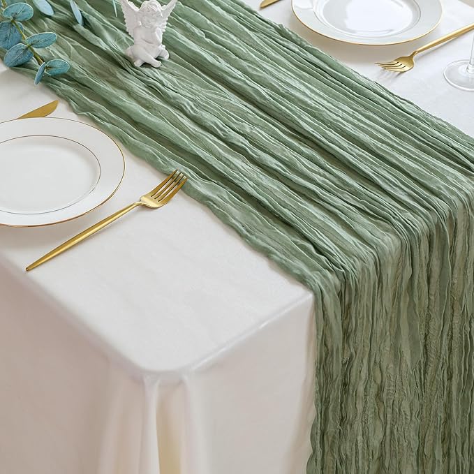 Sioloc Sage Green Cheesecloth Table Runner 120'' x 35'',Spring Easter Decor Soft Gauze Boho Wedding Table Decor for 10ft Table Birthday Party,Baby Shower, Bridal Shower, Home & Event Decor