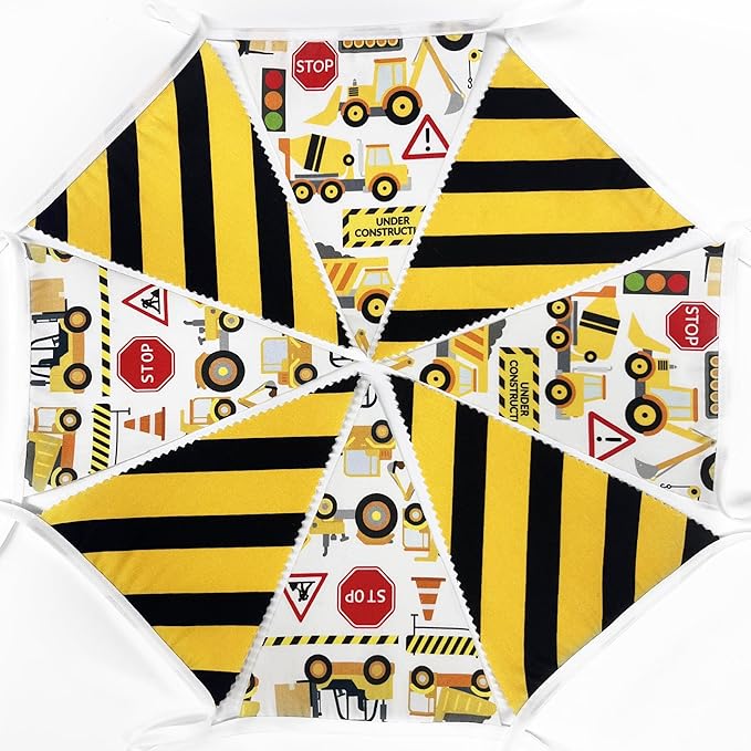 32Ft Construction Party Decorations Yellow Black Construction Themed Fabric Banner Triangle Pennant Flag Garland Streamers for Kids Dump Truck Birthday Excavator Tractor Baby Shower Decor Supplies
