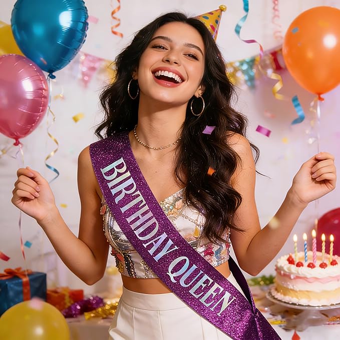 Birthday Queen Sash, Dazzle Foil Letter Glitter Purple Birthday Sash for Women Girl 21st 30th 40th 50th 60th Gifts Funny Bday Gifts Party Favors Photo Prop