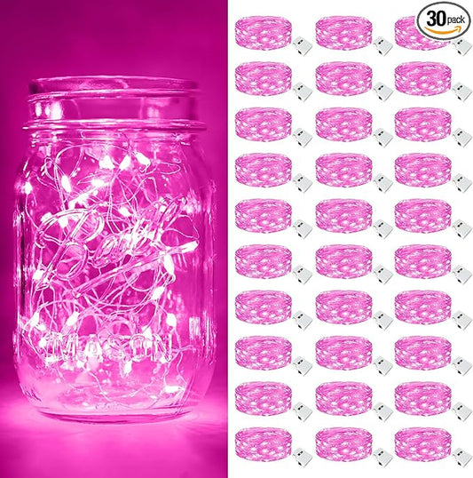 btfarm Valentine's Day 30 Pack Pink Fairy Lights Battery Operated 3 Modes, 7ft 20 Led Twinkle String Lights Waterproof, Bulk Small Mini Light for Mason Jars Christmas Vases Wedding Table Decorations
