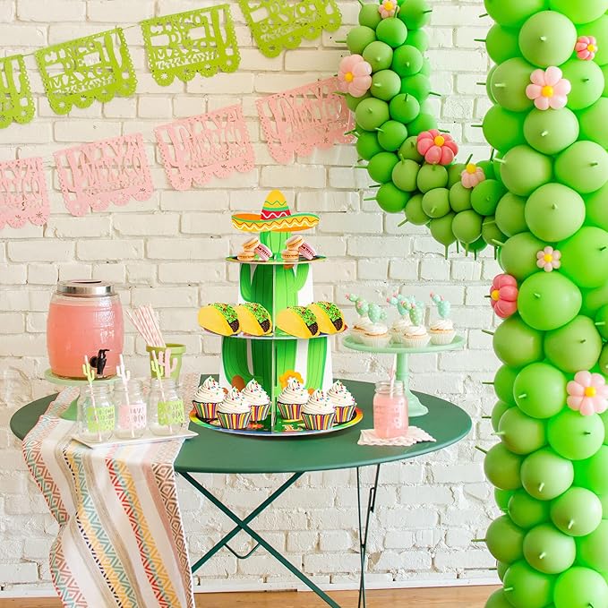 Haooryx Mexican Fiesta Party Cupcake Stand - 3 Tier Let’s Fiesta Cupcake Tower Cardboard Cactus Sombrero Dessert Holder for Kid Cinco De Mayo Taco Summer Carnival Birthday Party Cake Decortion Supply