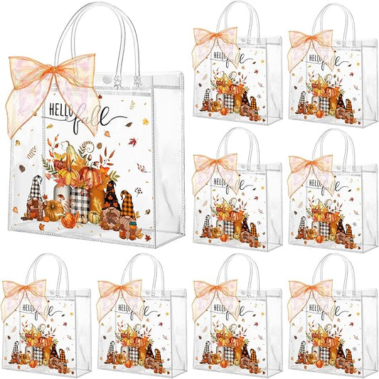 Motipuns 24 Pcs Clear PVC Gift Bags with Handles and Ribbon Party Favor Reusable Plastic Goodie Candy Treat Bags for Birthday Party Supplies(Thanksgiving Day)