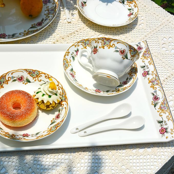 ACMLIFE Bone China Serving Platter, 14 Inch White Rectangular Tray, Elegant Floral Pattern, Ideal for Tea Set, Appetizers, Fruit, Veggies, Desserts