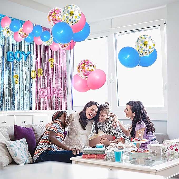 Gender Reveal Party Supplies Kit, Pink and Blue Balloons, Boy or Girl Foil Balloons, Tinsel Curtain, Gender Reveal Party Baby Photo Backdrop for Baby Shower Decorations
