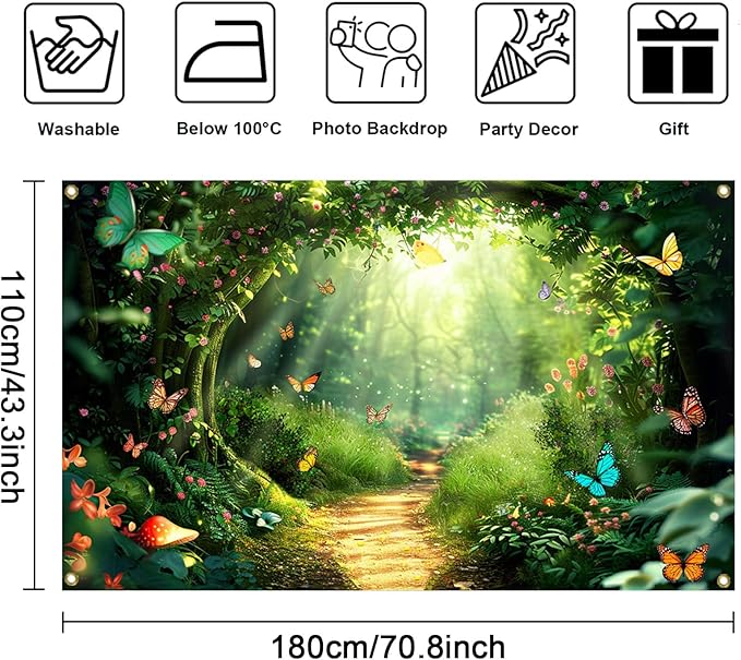 Mocsicka Enchanted Forest Backdrop Fairy Magic Wonderland Birthday Party Decorations for Girls Butterfly Garden Photography Background (Green, 70.8x43.3 inch)