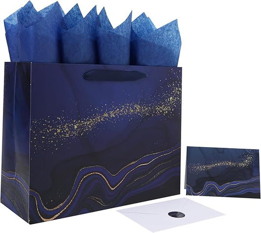 13'' Large Blue Marble Gift Bag Set with Handles, Greeting Card, Tissue Papers and Stickers for Men Boys Kids for Birthdays, Fathers Day, Graduations, Christmas, Baby Showers, Marble Design, 1 Pcs