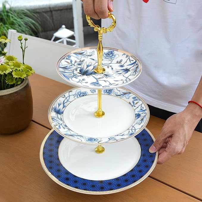 ACMLIFE Porcelain Cake Stand, White and Blue Bone Cupcake Stand, 3 Tier Wedding Cake Stand, Dessert Stand, Afternoon Tea Display Stand (Bone china 3)