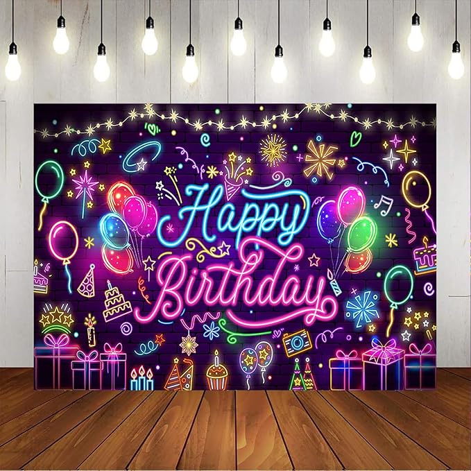 Mocsicka Neon Happy Birthday Banner Backdrop Glow in The Dark Graffiti Party Backdrop Decorations for Kids Adults Mustic Let's Glow Birthday Background Party Decorations (Purple, 5x3ft (60x36 inch))