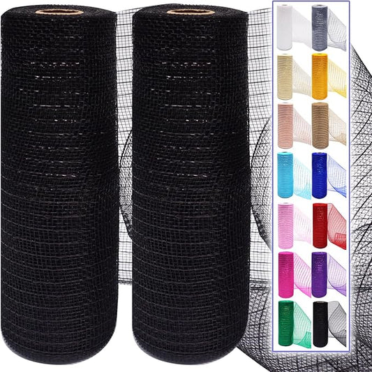 2 Pcs Black Deco Mesh Ribbon Rolls 10 Inch 10 Yards(30 ft) Decorative Mesh Fabric with Foil for Wreaths Christmas Tree Ribbon Door DIY Craft Halloween Decor Wedding Party Supplies (Black, 2Pcs)