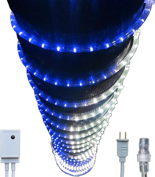 Russell Decor 50ft White Blue LED Rope Lights with 4-Level Dimmable Controller Outdoor Decorative Lighting for Christmas Winter Snow wedding Party Theme