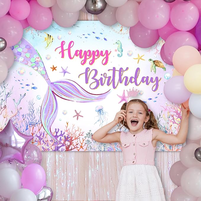 Mocsicka Mermaid Birthday Backdrop Blue Purple Mermaid Background Under The Sea Girls Birthday Party Decor Photo Booth Props (8x6ft)