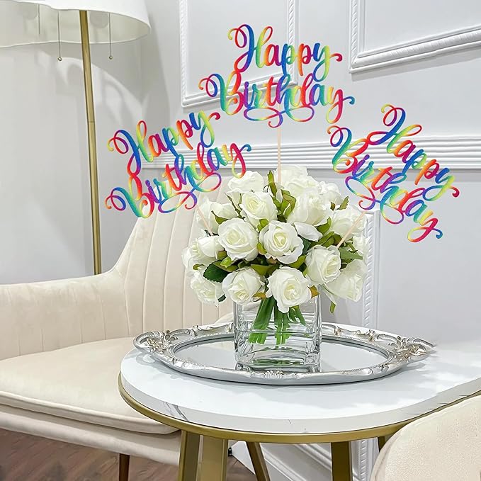 12 PCS Happy Birthday Centerpieces Sticks Double Sided Glitter Birthday Party Decorations Anniversary Table Flower Centerpiece for Celebrating Birthday Party Centerpieces Supplies Colorful