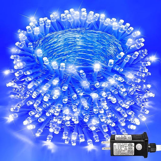 600 LED Blue Christmas Lights Outdoor 197ft String Lights Indoor Clear Wire 8 Modes Plug in Waterproof Twinkle Fairy Light for Indoor Christmas Tree Bedroom Decorations