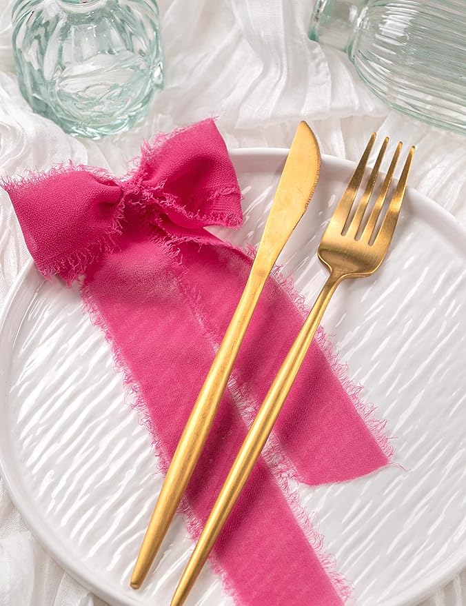 Chiffon Ribbon, Hot Pink Silk Ribbons, Pink Party Decoration, 1.5''x21Yd Handmade Frayed Fringe Ribbon for Wrapping, Floral Vase, Craft, Birthday, Engagement, Wedding, Mother's Day, 3 Rolls